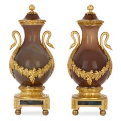 Two Antique Russian Agate and Gilt Bronze Vases