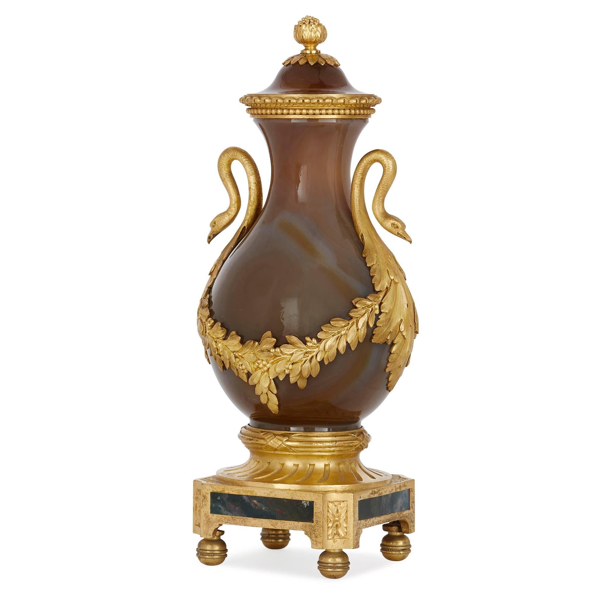 Neoclassical Two Antique Russian Agate and Gilt Bronze Vases