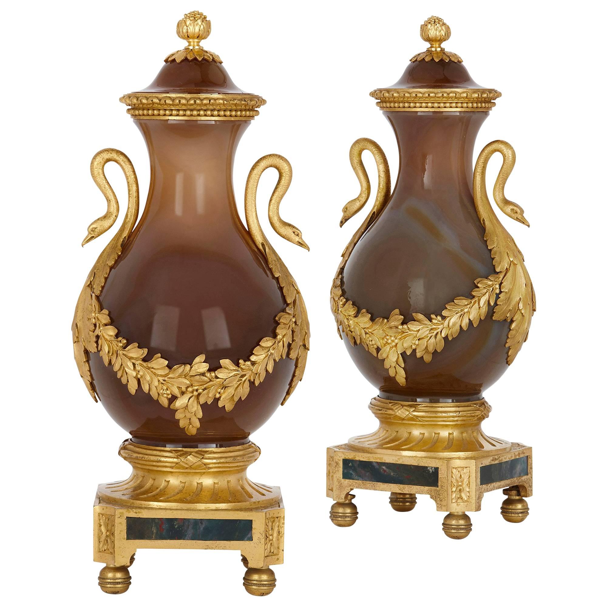 Two Antique Russian Agate and Gilt Bronze Vases