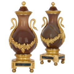 Two Antique Russian Agate and Gilt Bronze Vases