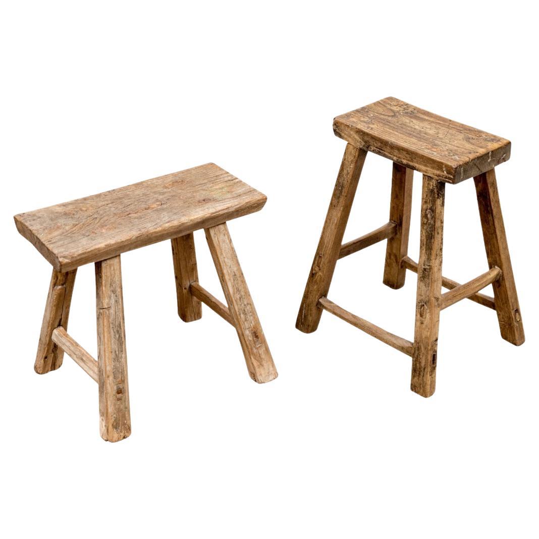 Two Antique Rustic Hardwood Stools