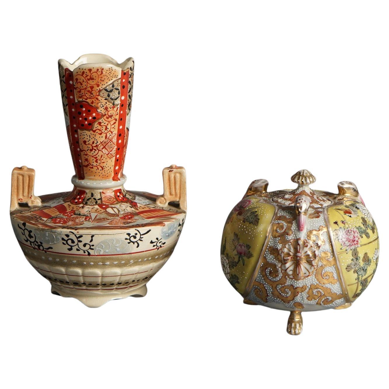 Two Antique Satsuma Pottery Vessels, Vase & Lidded Urn C1920