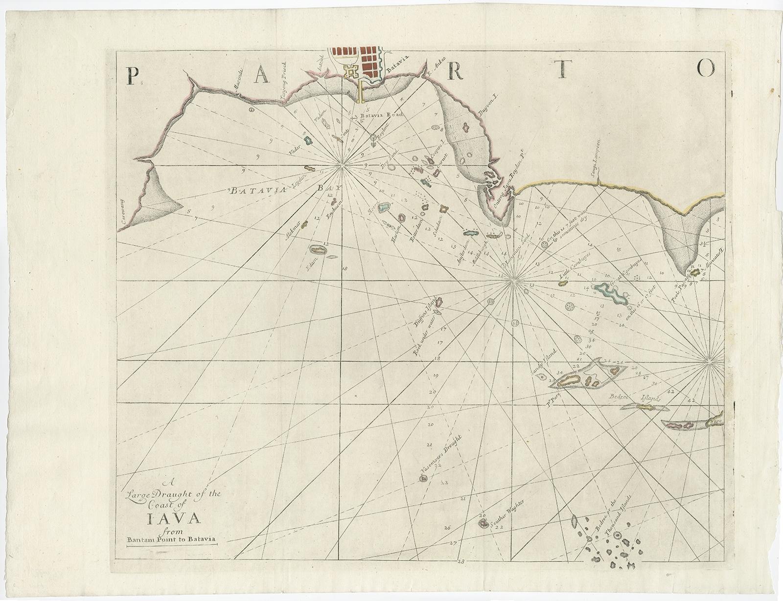 Antique maps titled 'A large draught of the Coast of Iava from Bantam Point to Batavia'. Two seperate sheets, joined together they depict the island of Java, Indonesia. 

Condition: Good. Minor tears and repairs. Map has been cleaned before.