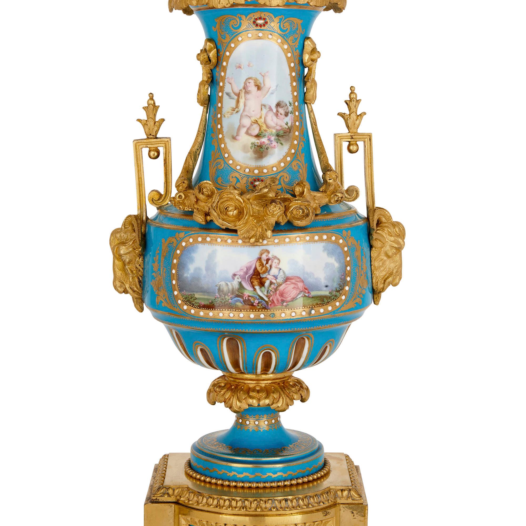 Louis XVI Two Antique Sèvres Style Porcelain and Gilt Bronze Candelabra