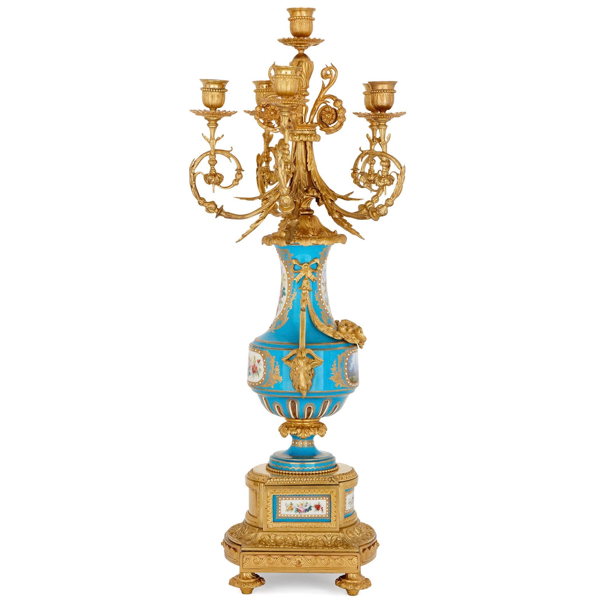 French Two Antique Sèvres Style Porcelain and Gilt Bronze Candelabra