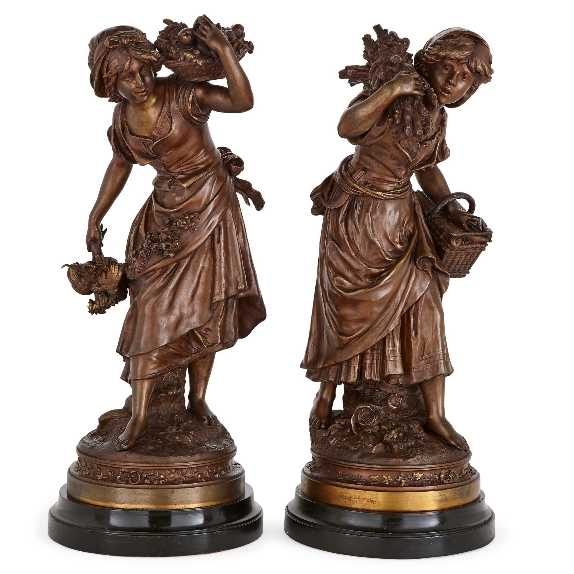 These graceful sculptures were created in the late 19th century by the prestigious French sculptor, Auguste Moreau (1834-1917). Auguste was born into a family of artists, which included his father Jean-Baptiste and his two older brothers Hippotyle