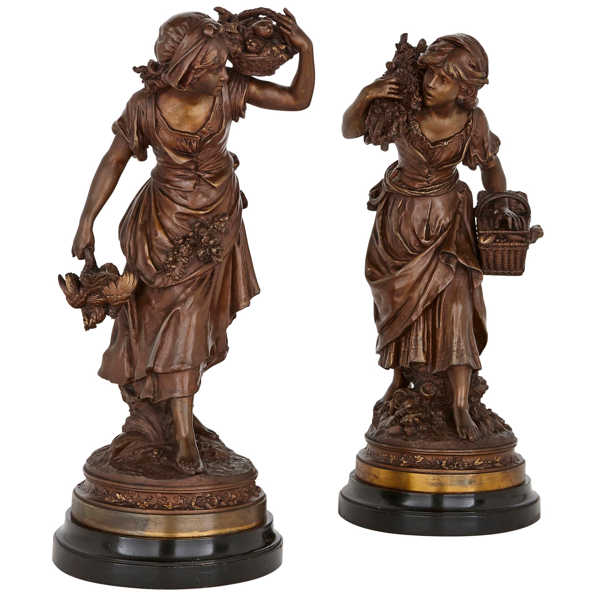 Two Antique Spelter Female Figures by Moreau For Sale