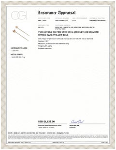 Two Antique Tie Pins with Opal and Ruby and Diamond Fifteen Karat Yellow Gold