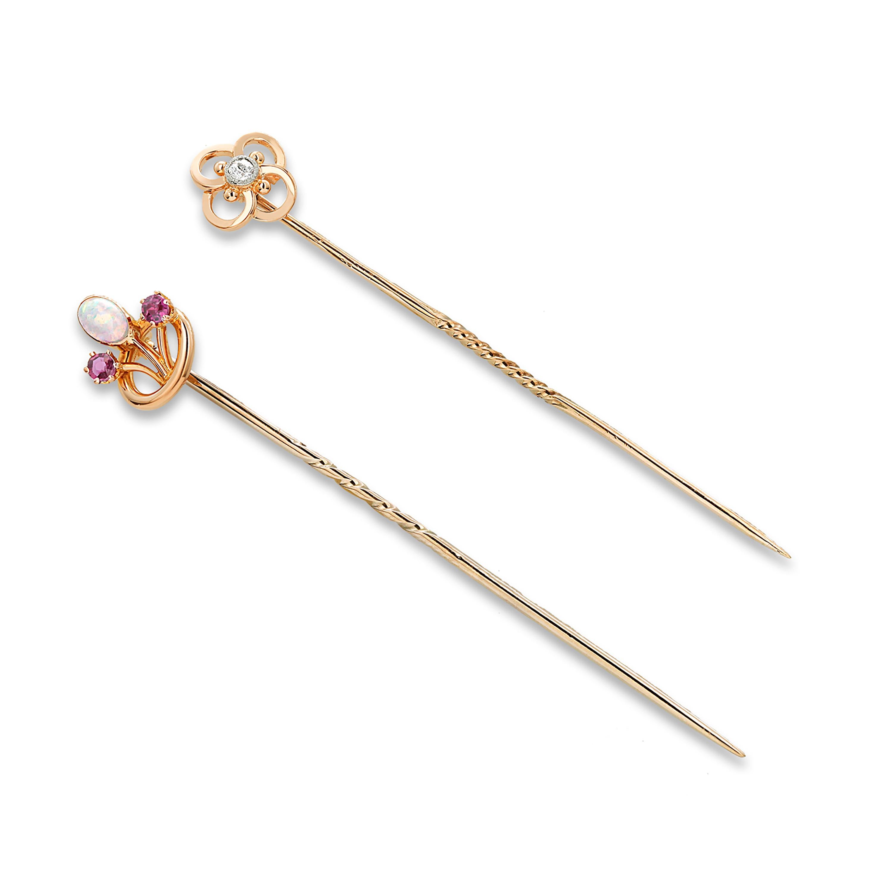 Art Deco Two Antique Tie Pins with Opal and Ruby and Diamond Fifteen Karat Yellow Gold