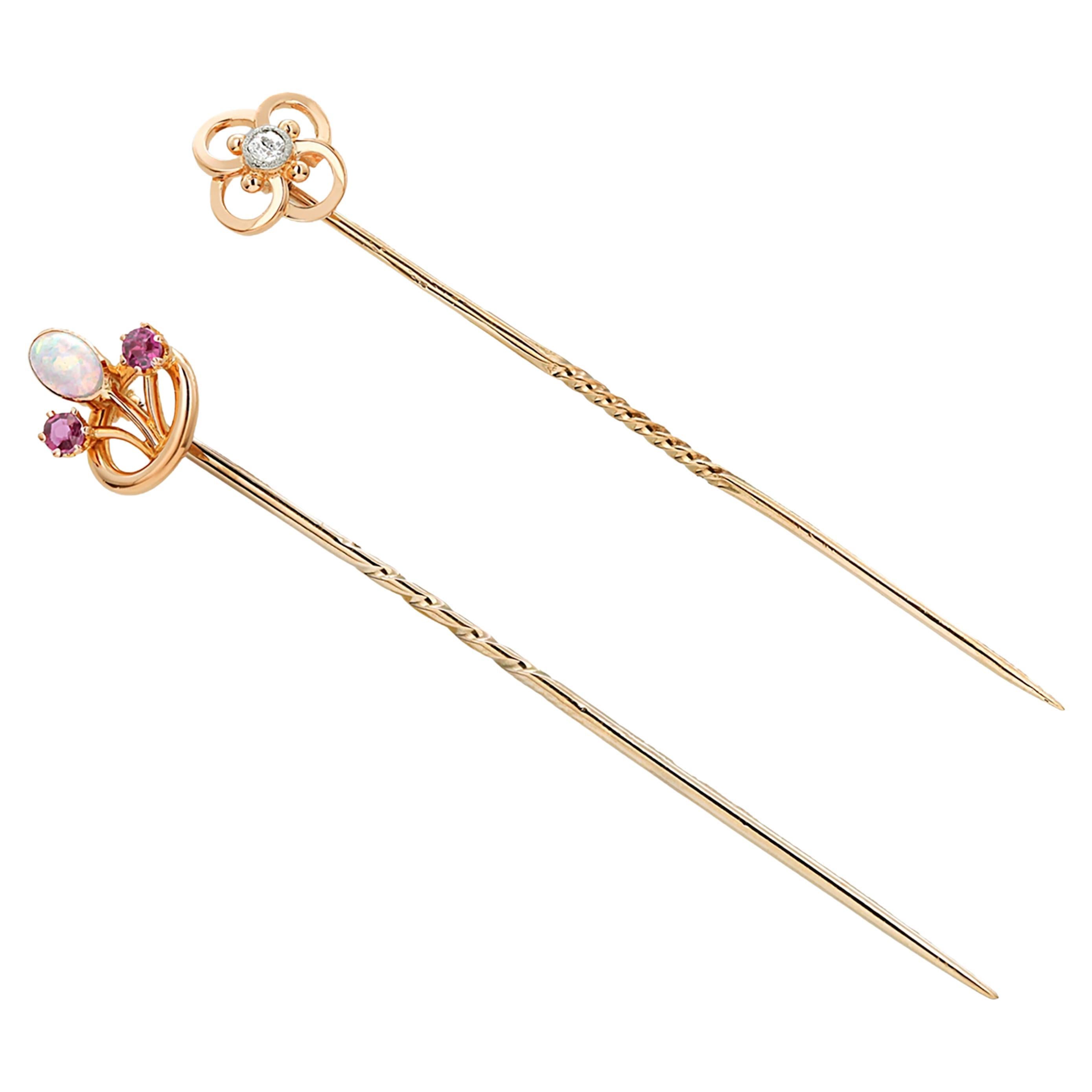 Two Antique Tie Pins with Opal and Ruby and Diamond Fifteen Karat Yellow Gold