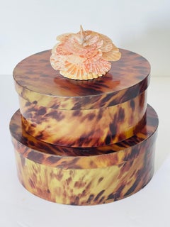Antique Faux Tortoise Decorative Boxes with Sea Shell Flower, 1950