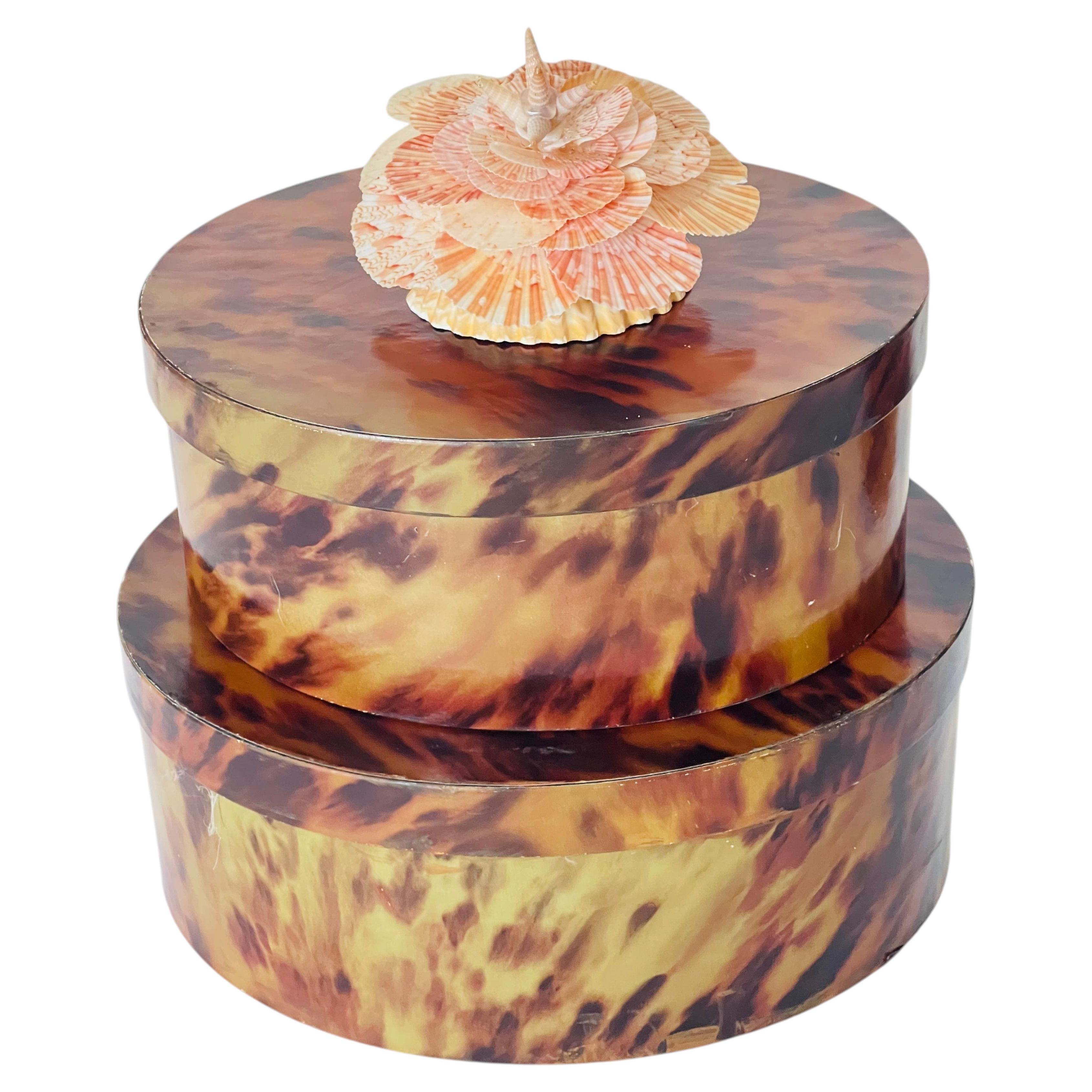 Antique Faux Tortoise Decorative Boxes with Sea Shell Flower, 1950