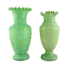 Two Antique Vases in Pastel Green Mouth Blown Opal Glass, Approx, 1900