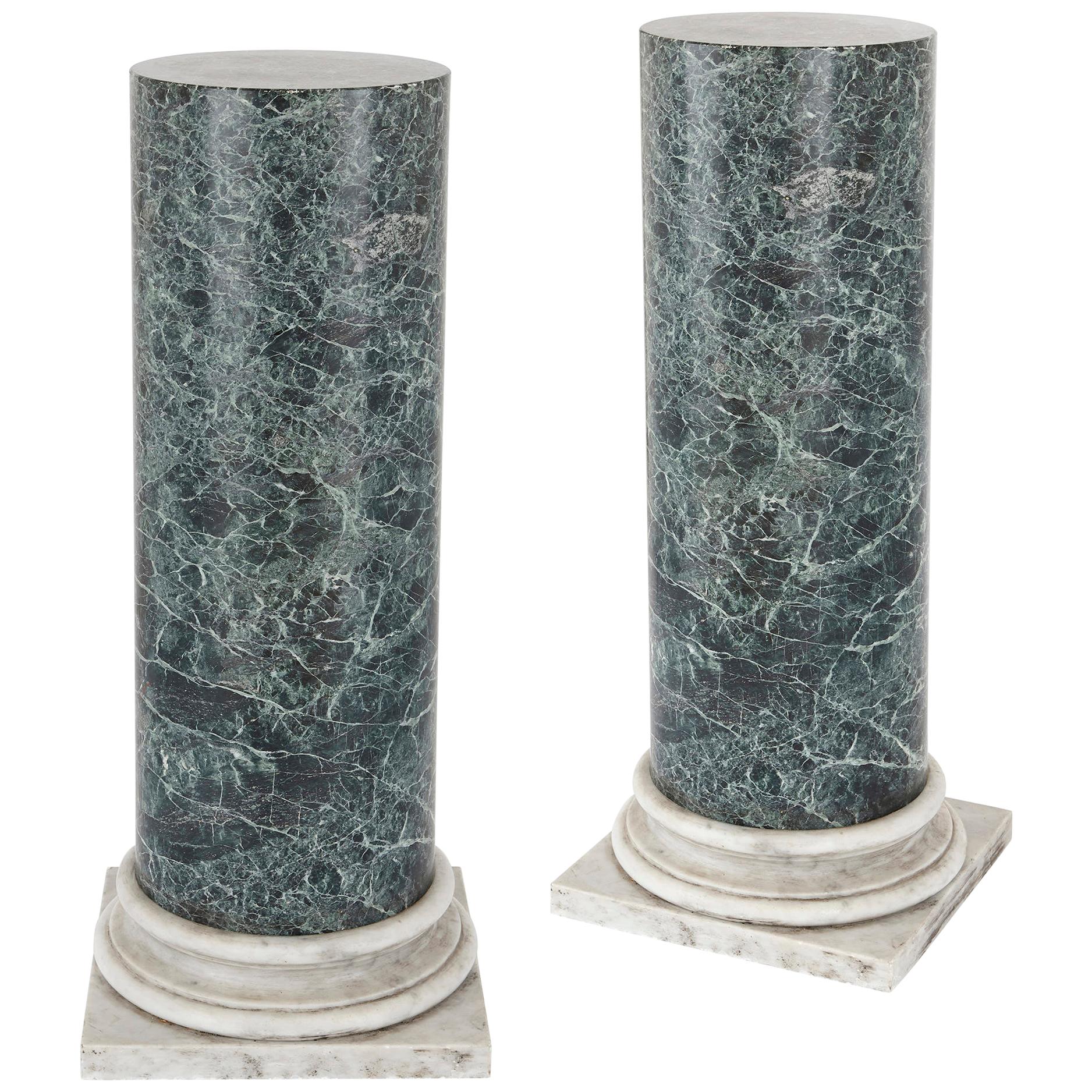 Two antique white and green marble column pedestals 