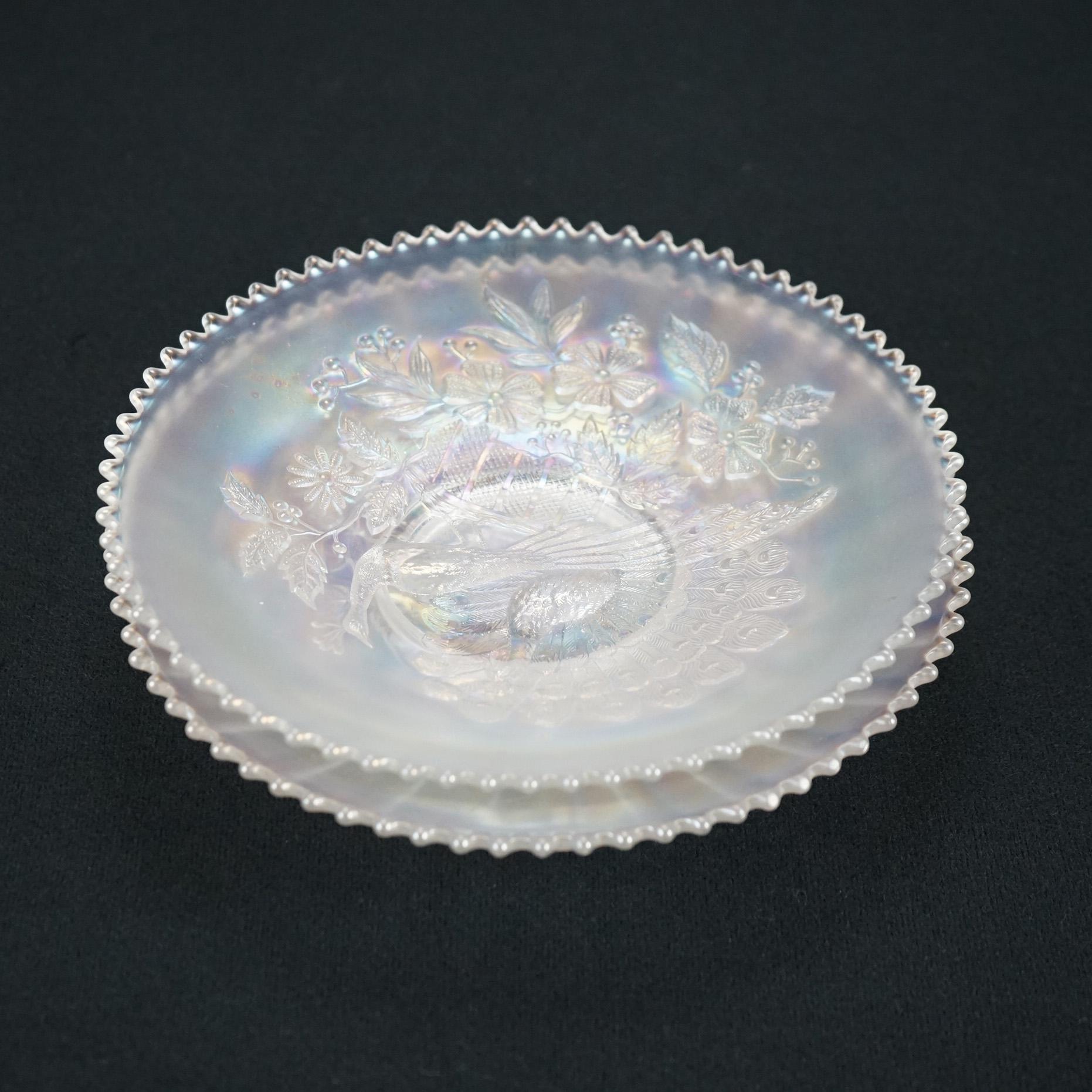 Two Antique White Carnival Glass Bowls with Peacock on the Fence Pattern c1910

Measures - 1 1/2
