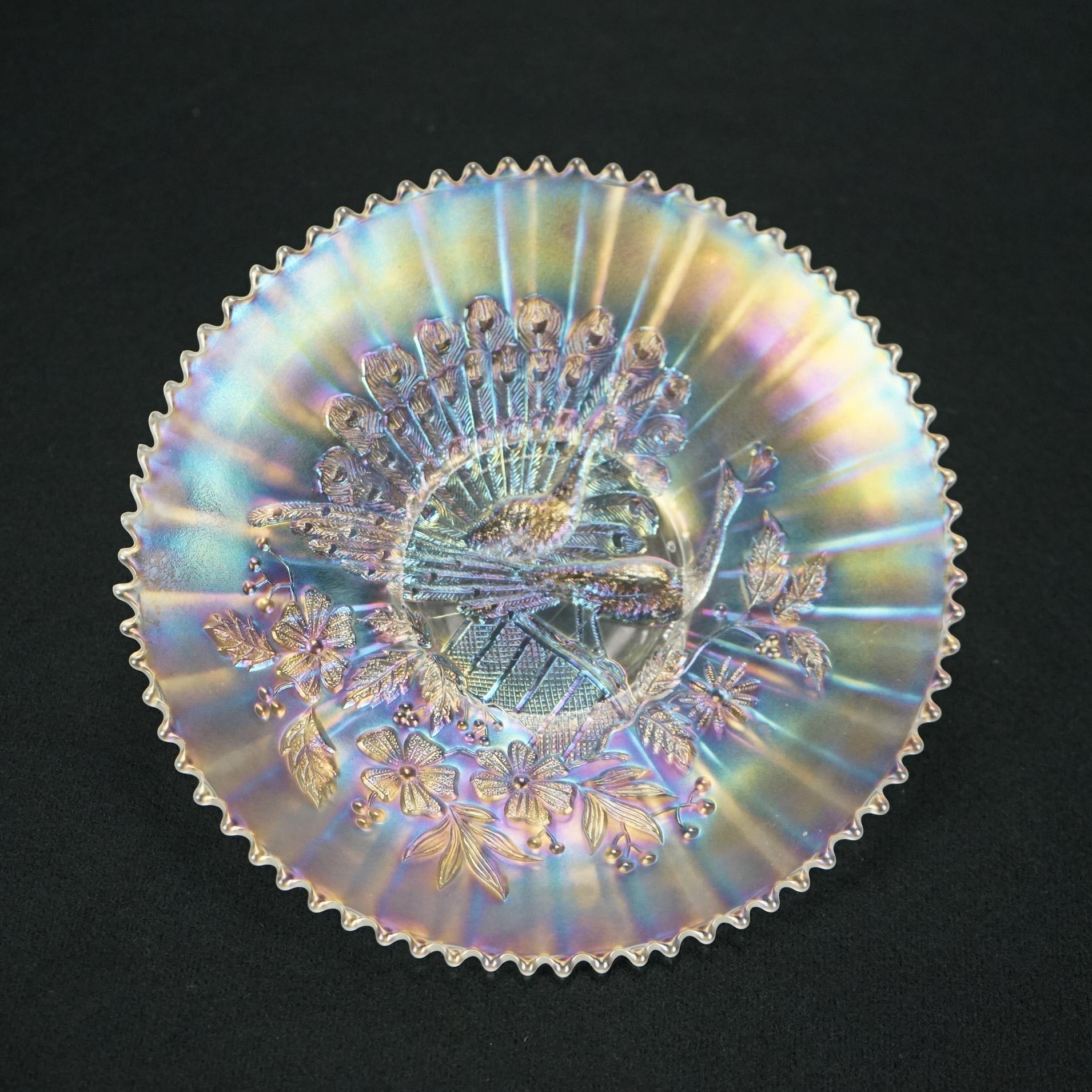 Two Antique White Carnival Glass Bowls with Peacock on the Fence Pattern c1910 In Good Condition In Big Flats, NY