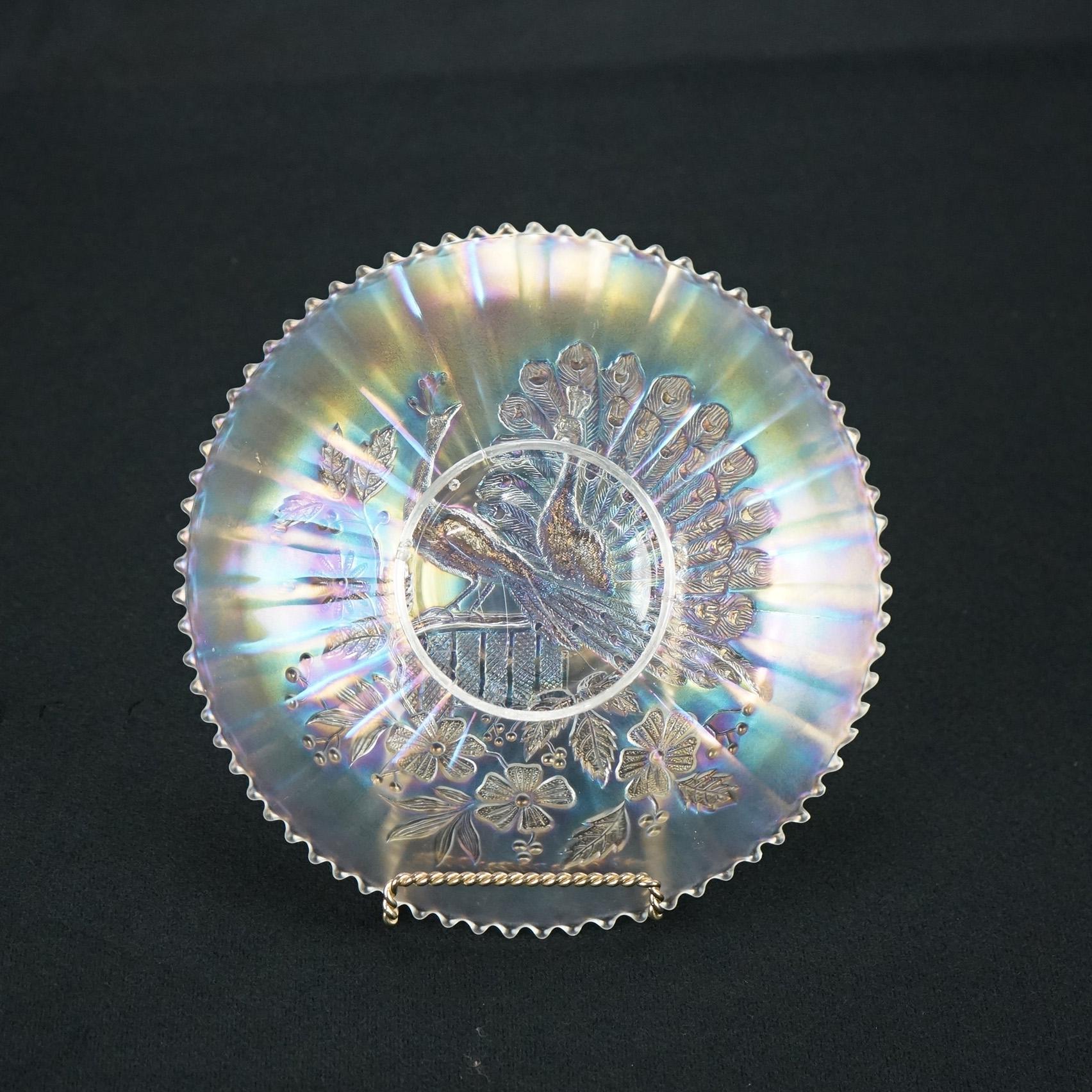 20th Century Two Antique White Carnival Glass Bowls with Peacock on the Fence Pattern c1910
