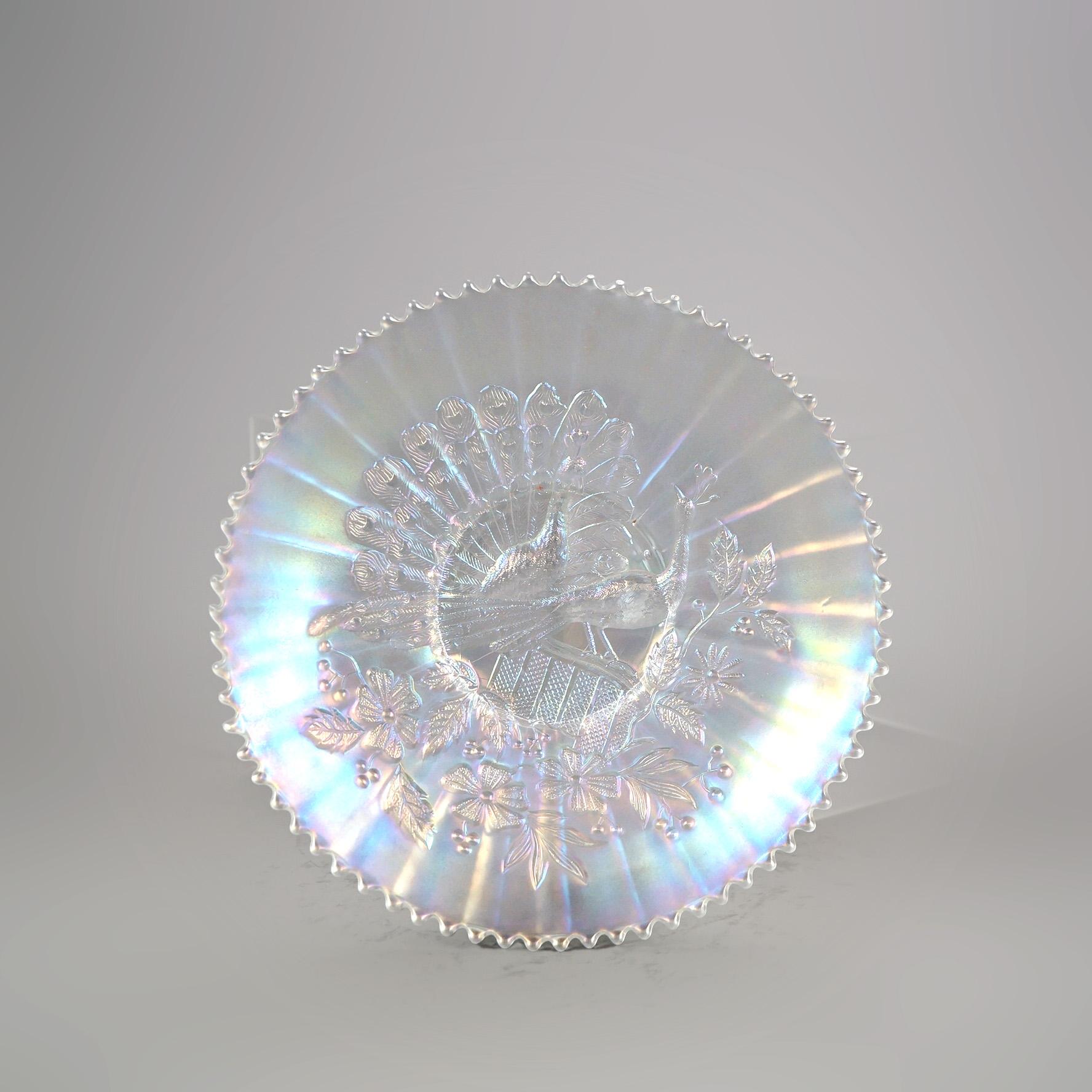 Two Antique White Carnival Glass Bowls with Peacock on the Fence Pattern c1910 1