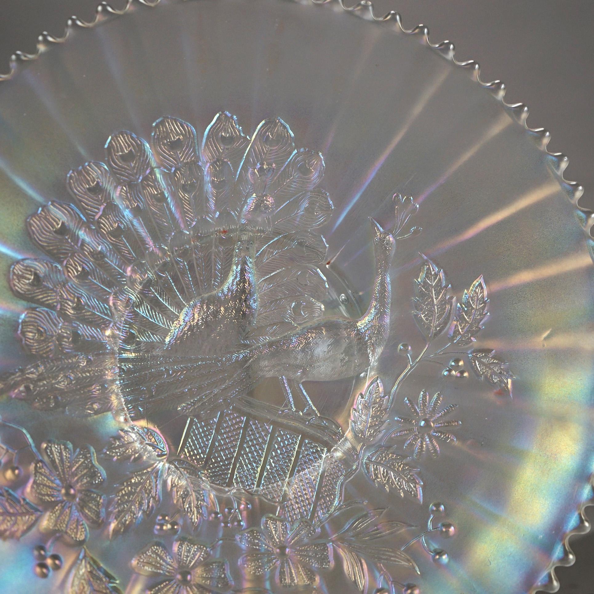 Two Antique White Carnival Glass Bowls with Peacock on the Fence Pattern c1910 2