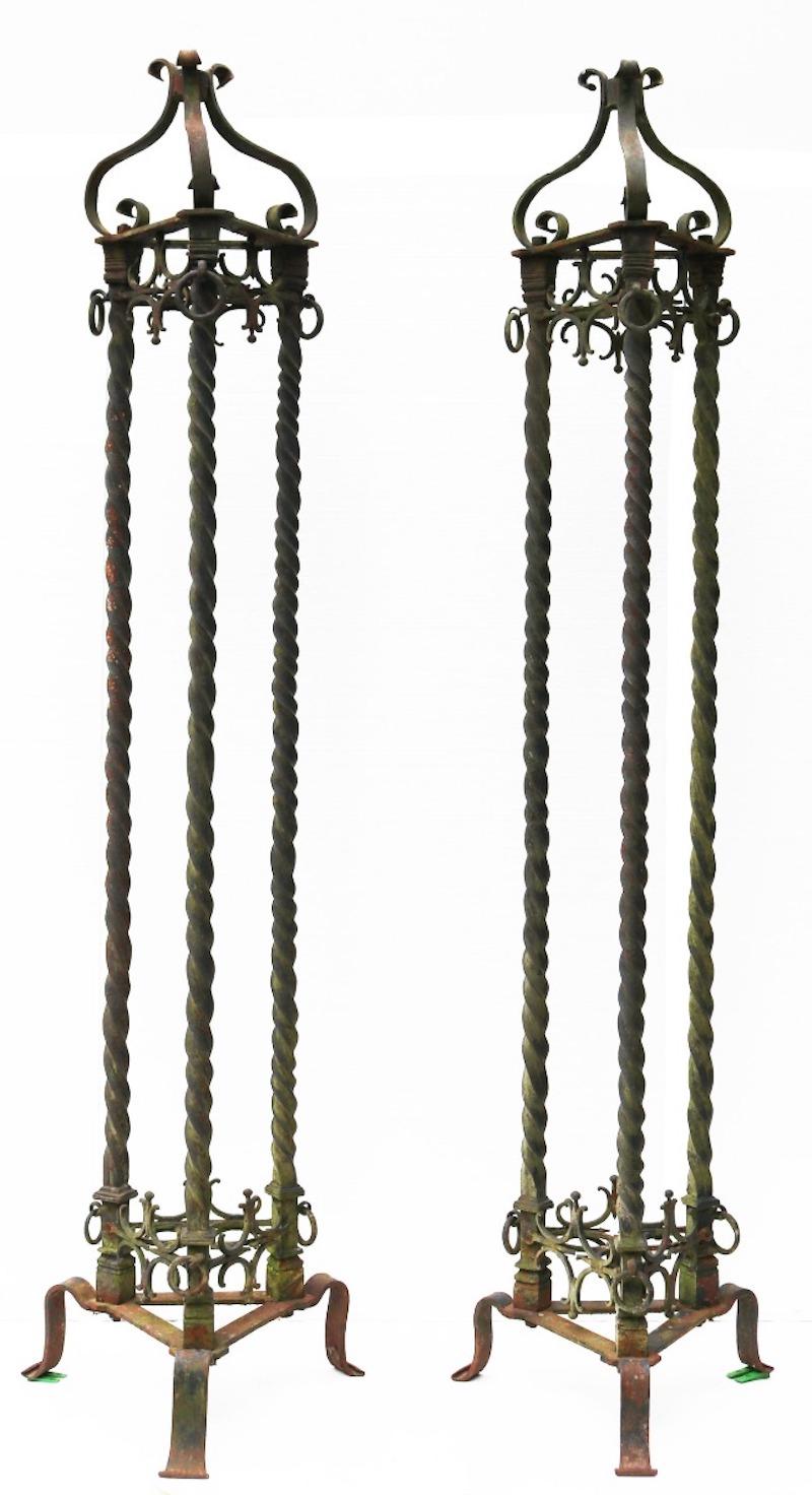Lighting; A very unusual pair of English wrought iron lamp stands. These light stands are suitable for internal or external use. Each blacksmith made using traditional fire welding.

Additional dimensions

Each approximately 65 x 65 x 250