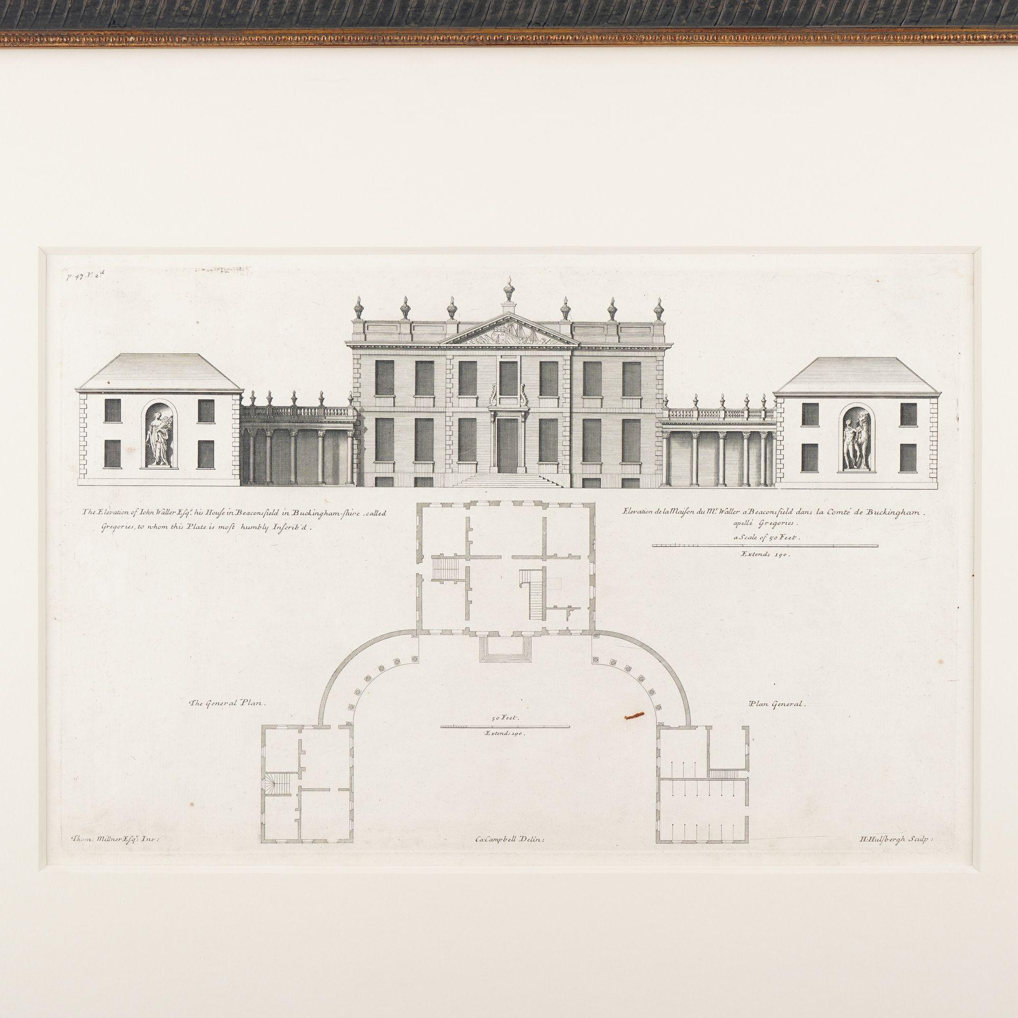 Britannico Due incisioni architettoniche da Vitruvius Britannicus di Colen Campbell, 1725 in vendita