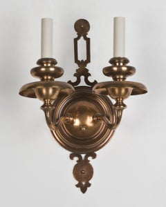 Two Arm Aged Bronze Sconces with Pierced Finials by Bradley and Hubbard c. 1920s