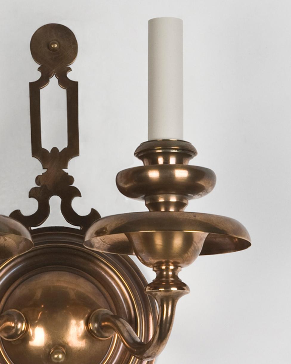 Baroque Two Arm Aged Bronze Sconces with Pierced Finials by Bradley and Hubbard c. 1920s For Sale