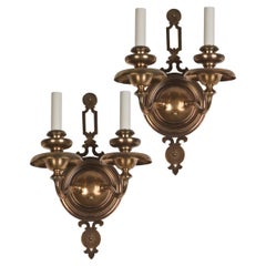 Two Arm Aged Bronze Sconces with Pierced Finials by Bradley and Hubbard c. 1920s