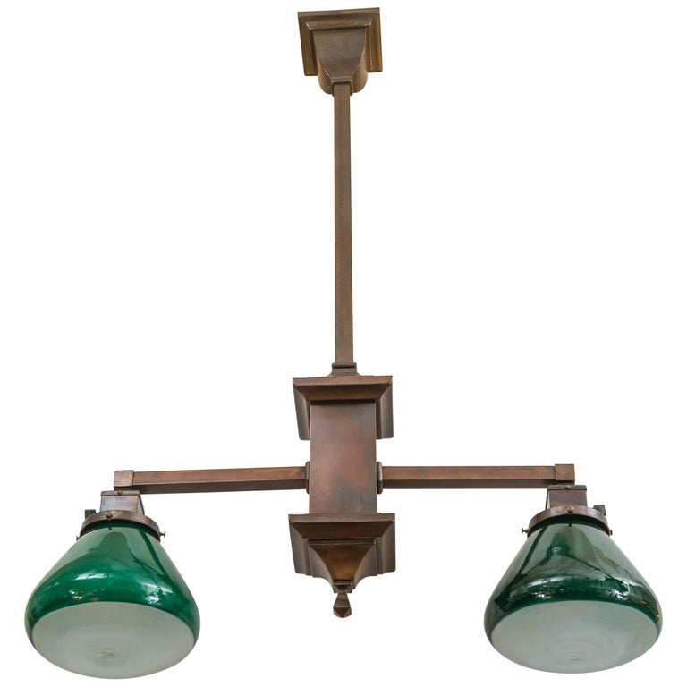 TwoArm Arts and Crafts Chandelier with Green Emeralite Glass Shades at