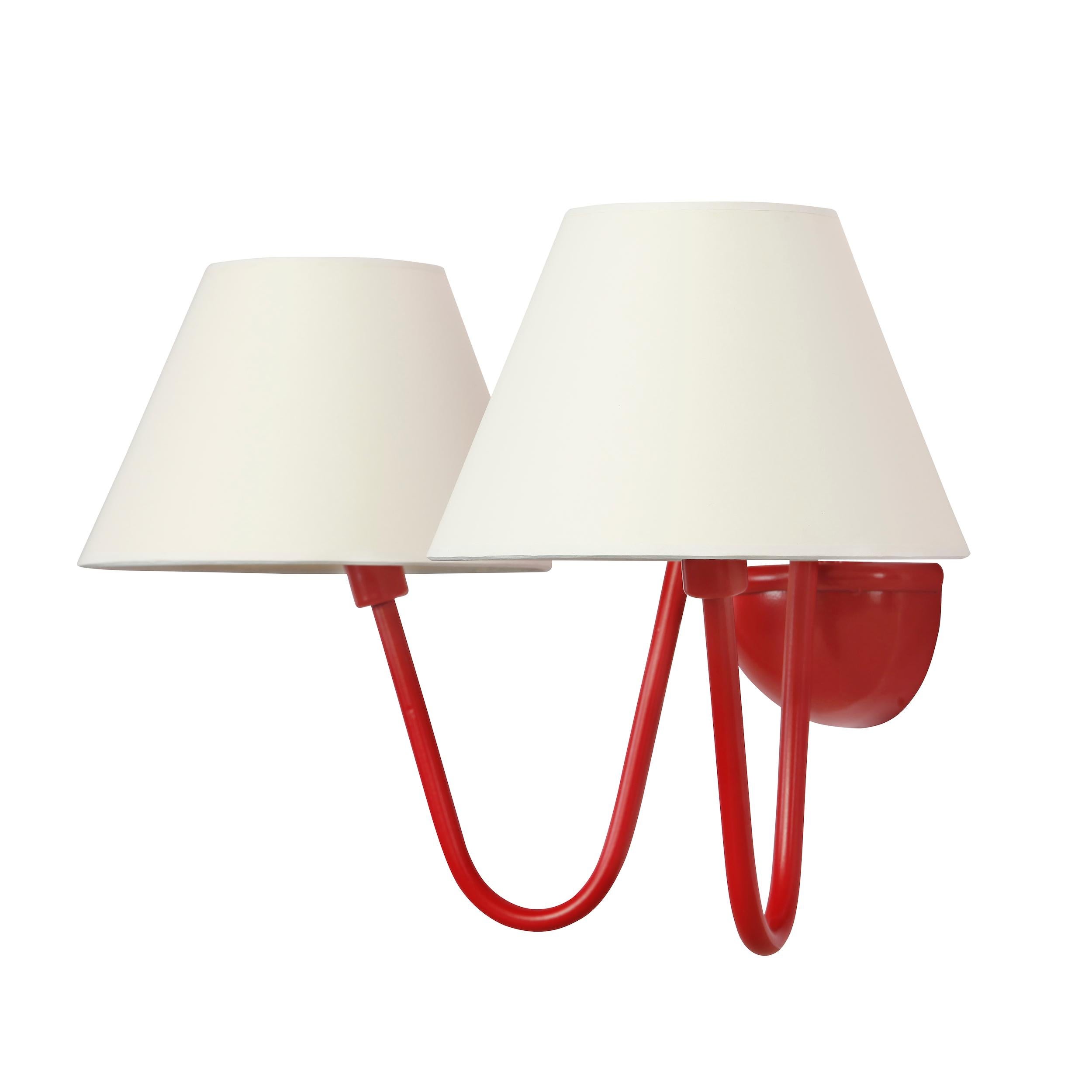 Two-arm 'Bouquet' red wall lamp in the style of Jean Royère. Handcrafted in Los Angeles in the workshop of noted French designer and antiques dealer Denis de le Mesiere, who pays homage to the work of Jean Royere with scrupulous attention to detail