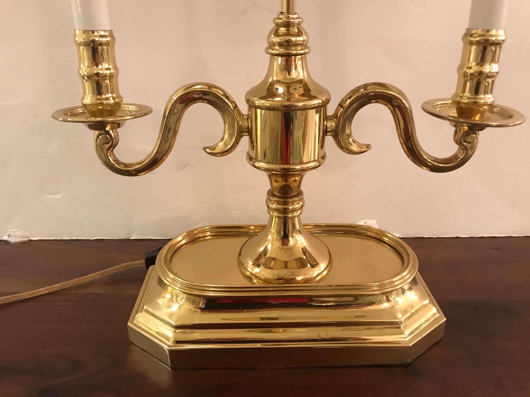 Two-Arm Brass Table Lamp with Green Metal Shade In Excellent Condition In Hopewell, NJ