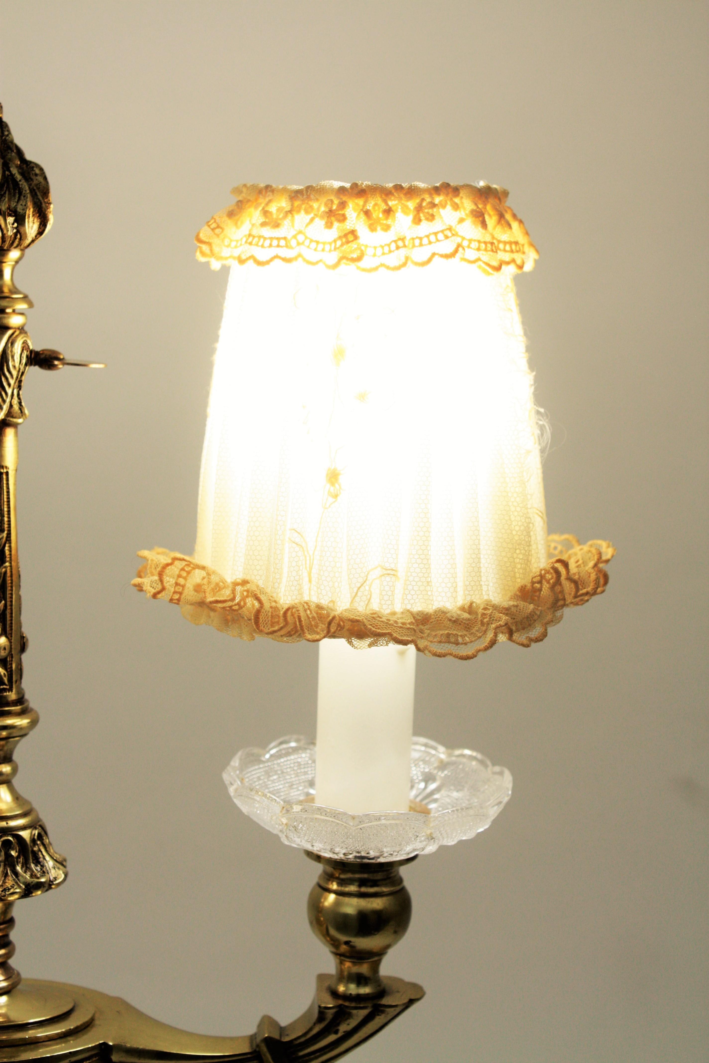 French Brass Table Lamp with Lace Lampshades For Sale 4