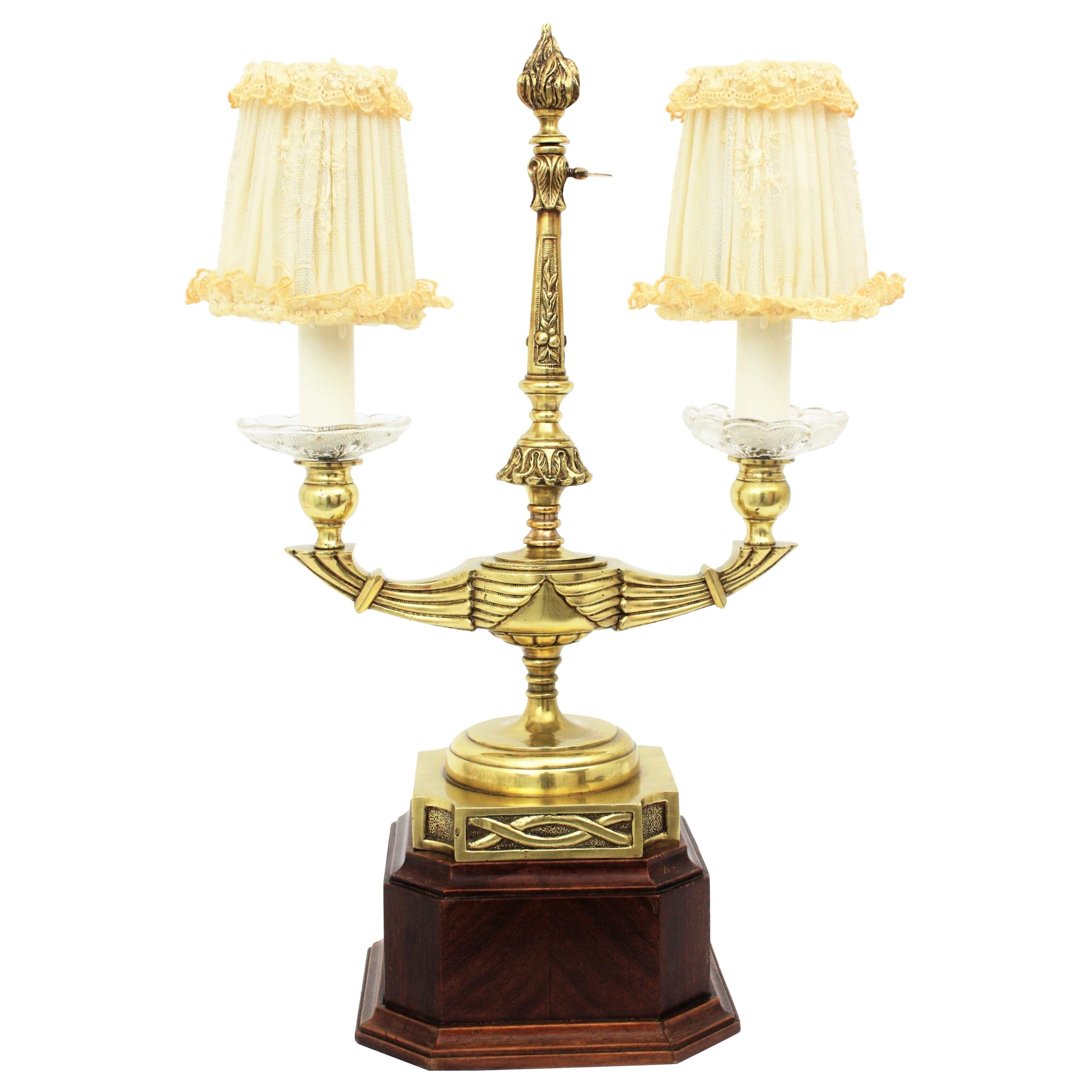 Art Deco French Brass Table Lamp with Lace Lampshades For Sale
