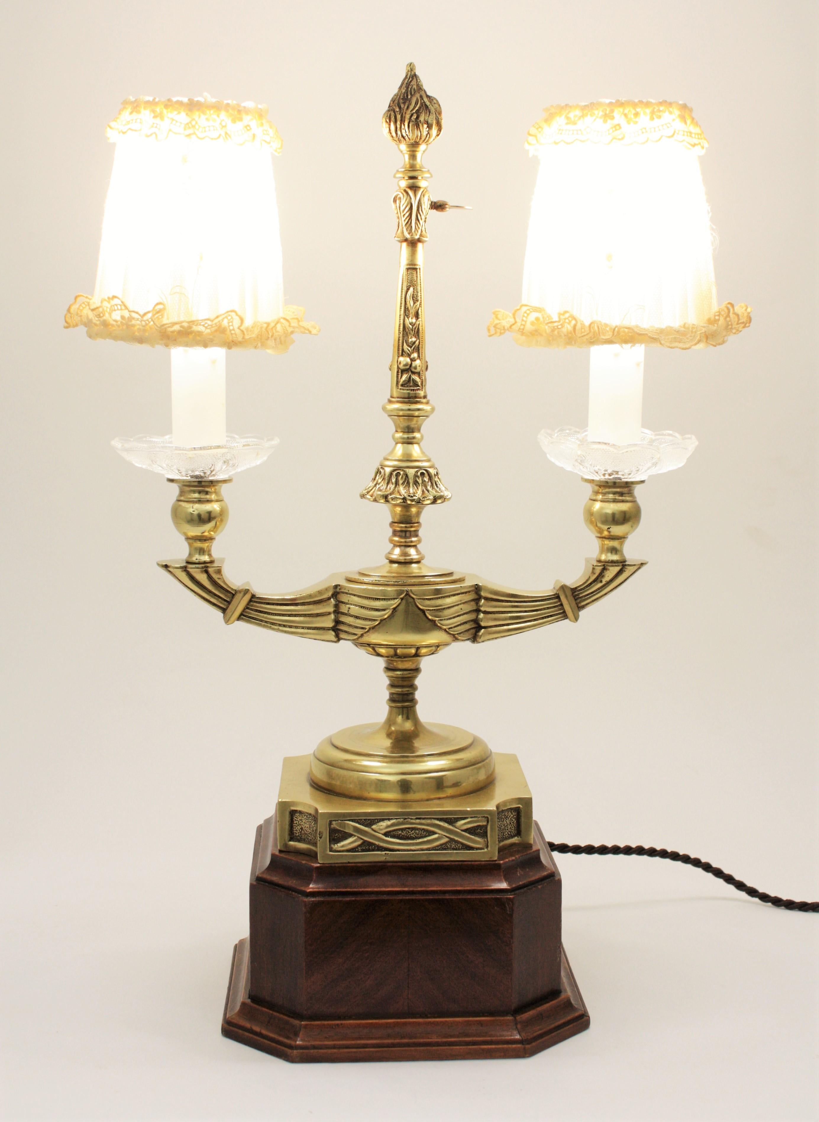Embroidered French Brass Table Lamp with Lace Lampshades For Sale