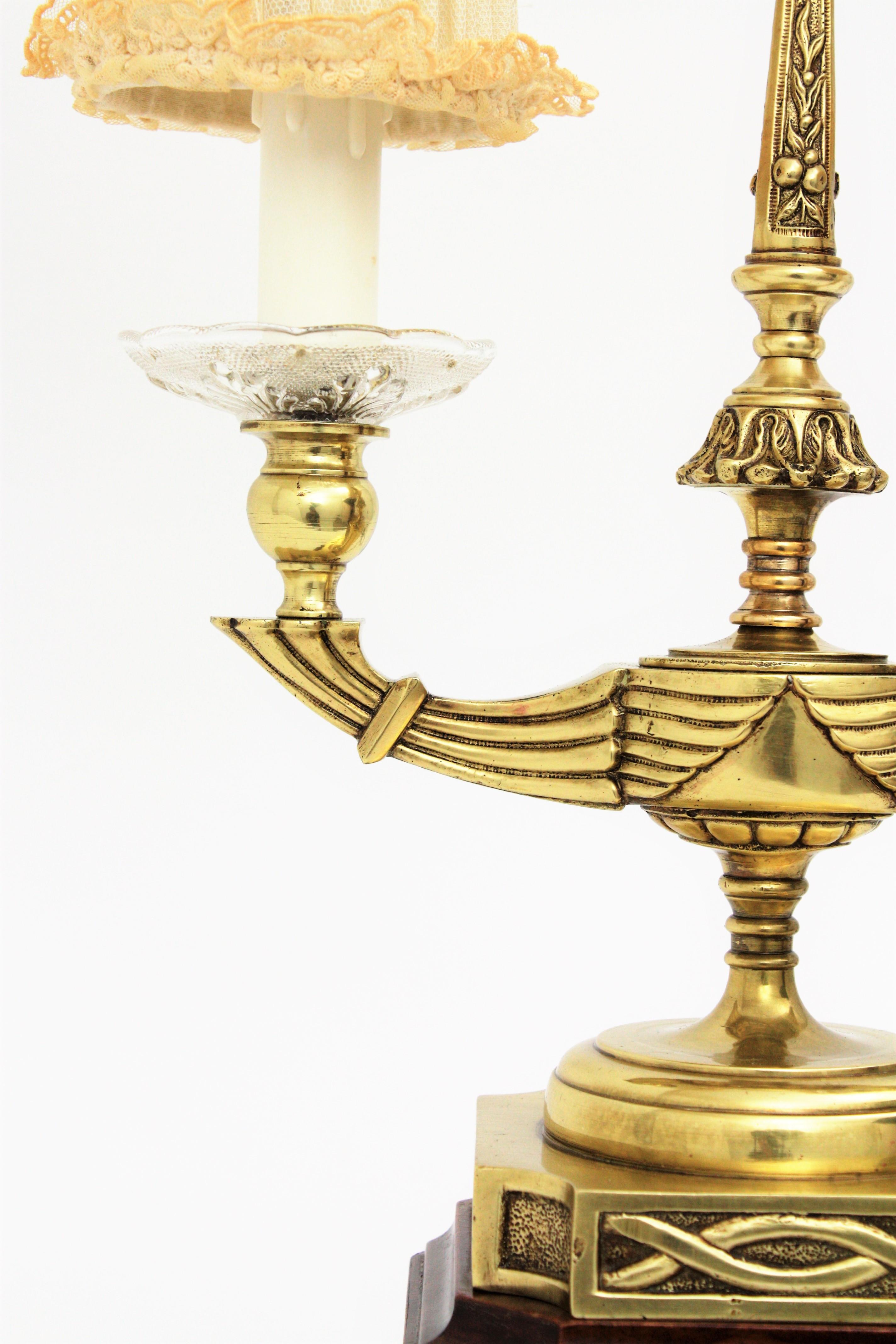 Fabric French Brass Table Lamp with Lace Lampshades For Sale