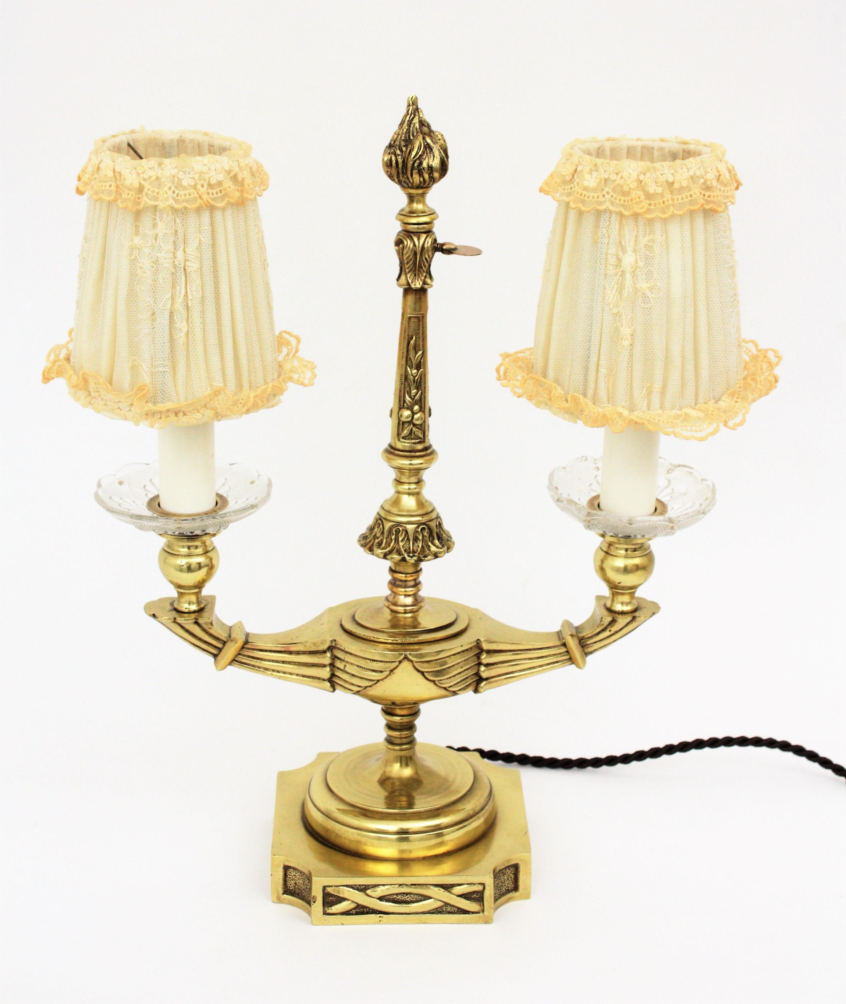 French Brass Table Lamp with Lace Lampshades For Sale 2