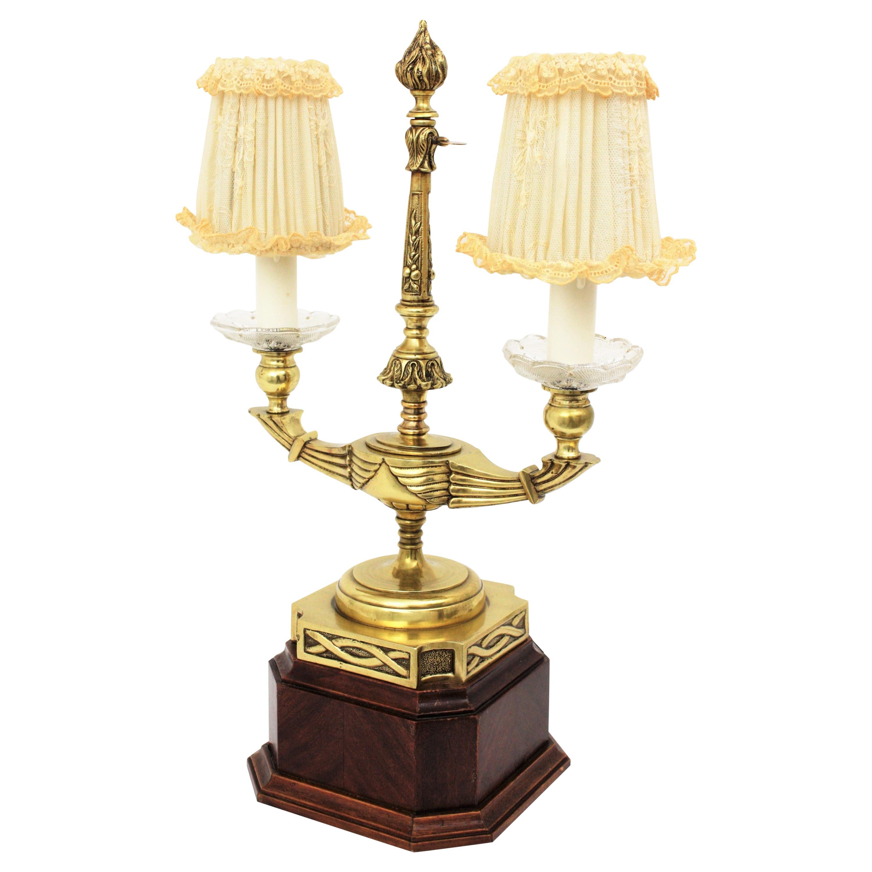 French Brass Table Lamp with Lace Lampshades For Sale