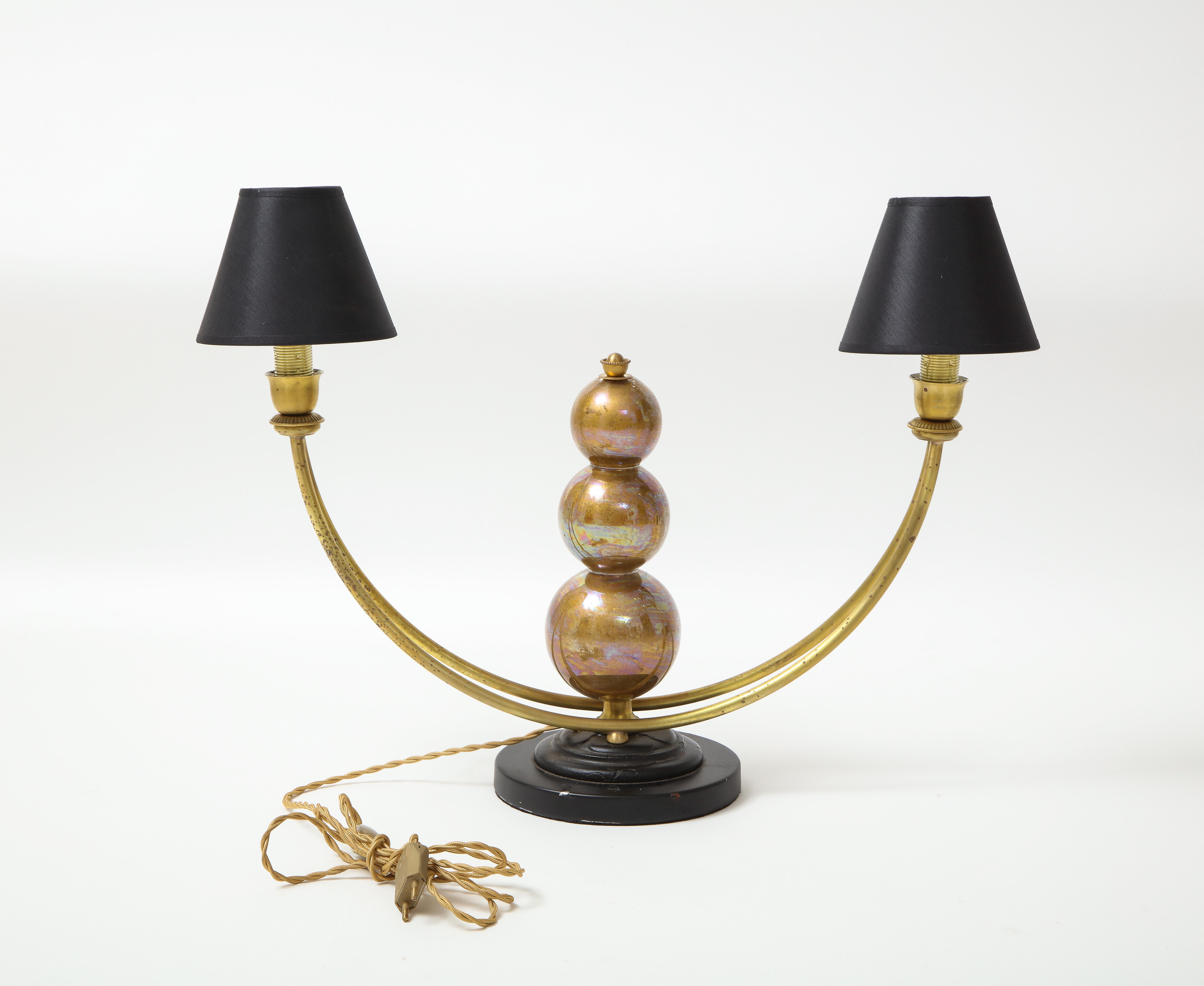 Two Arm Murano Glass Ball Lamp With Brass Arms In Good Condition For Sale In New York, NY