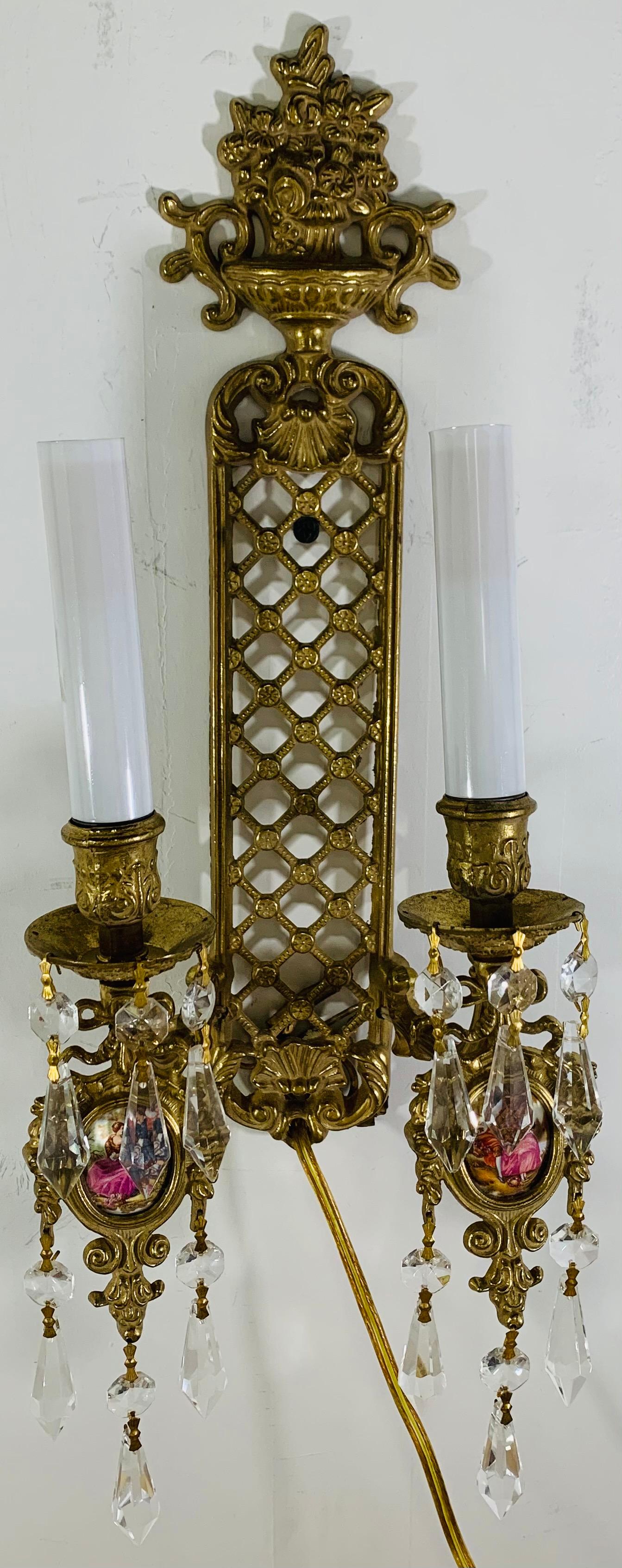 Two Arm Brass Wall Sconce in the Style of Louis XVI, a Pair In Good Condition In Plainview, NY