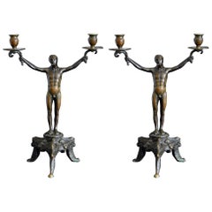 "Two-Arm Candelabra with Male Nudes, " Pair of Renaissance Revival Bronzes
