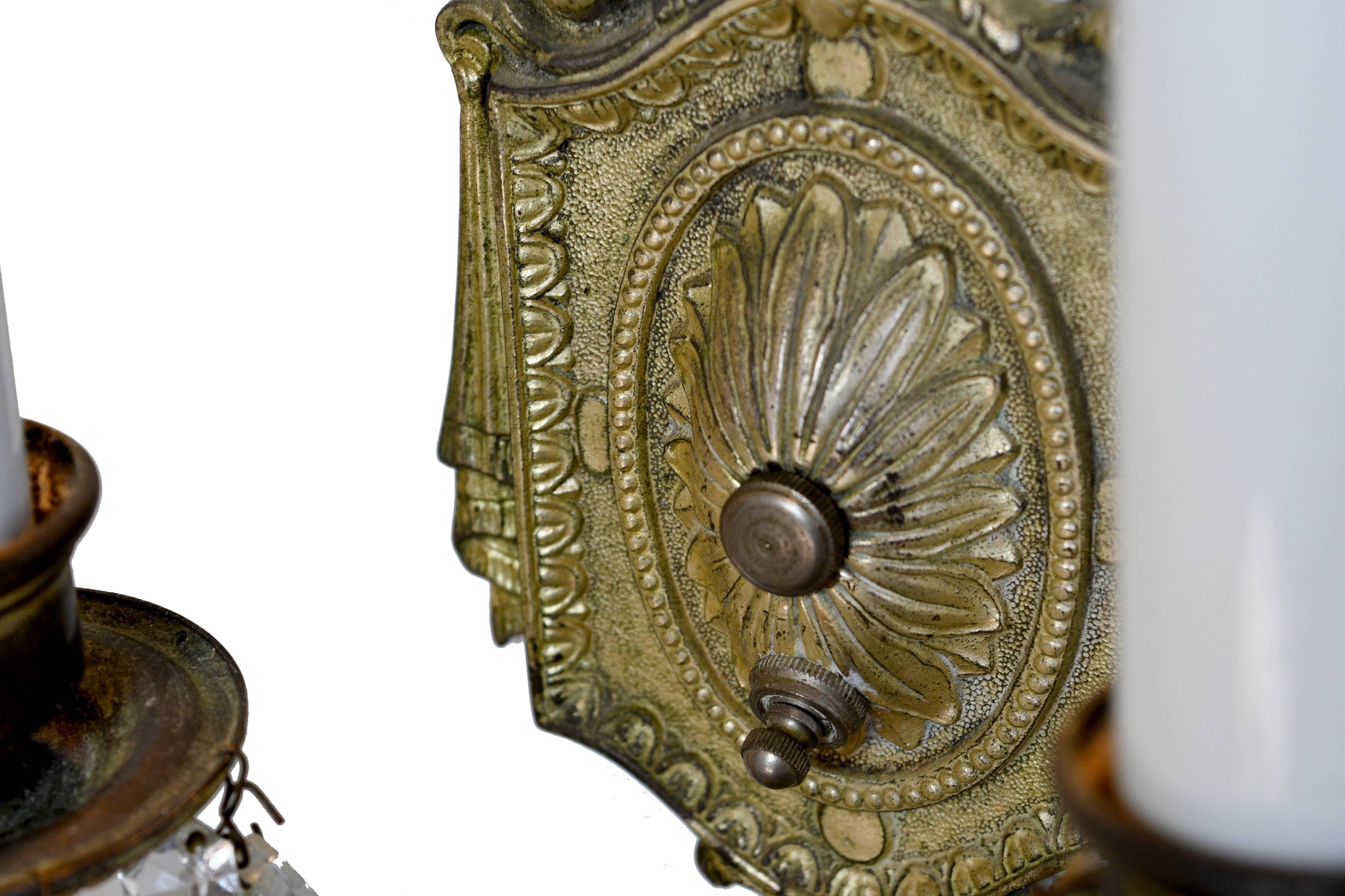 Two-Arm Silver Plated Sconce with Crystals In Good Condition For Sale In Minneapolis, MN
