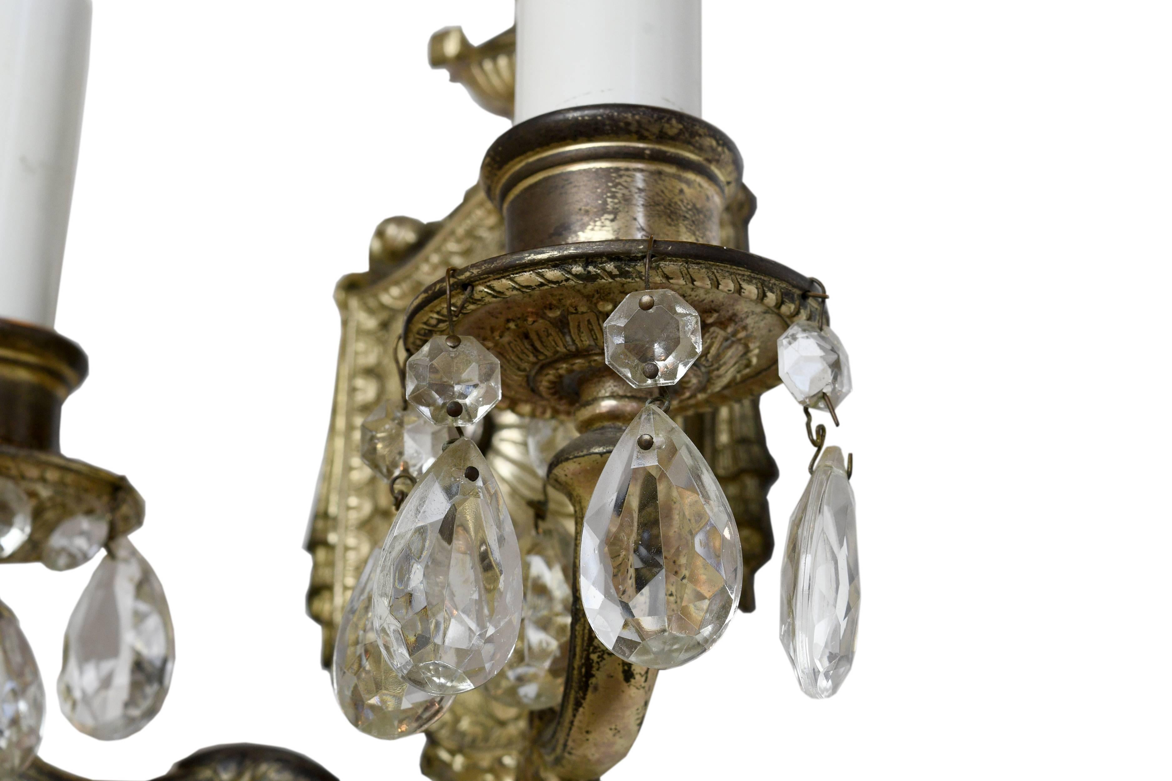 Metal Two-Arm Silver Plated Sconce with Crystals For Sale