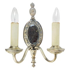 Two-Arm Silver Sconce with Mirror and Cameo