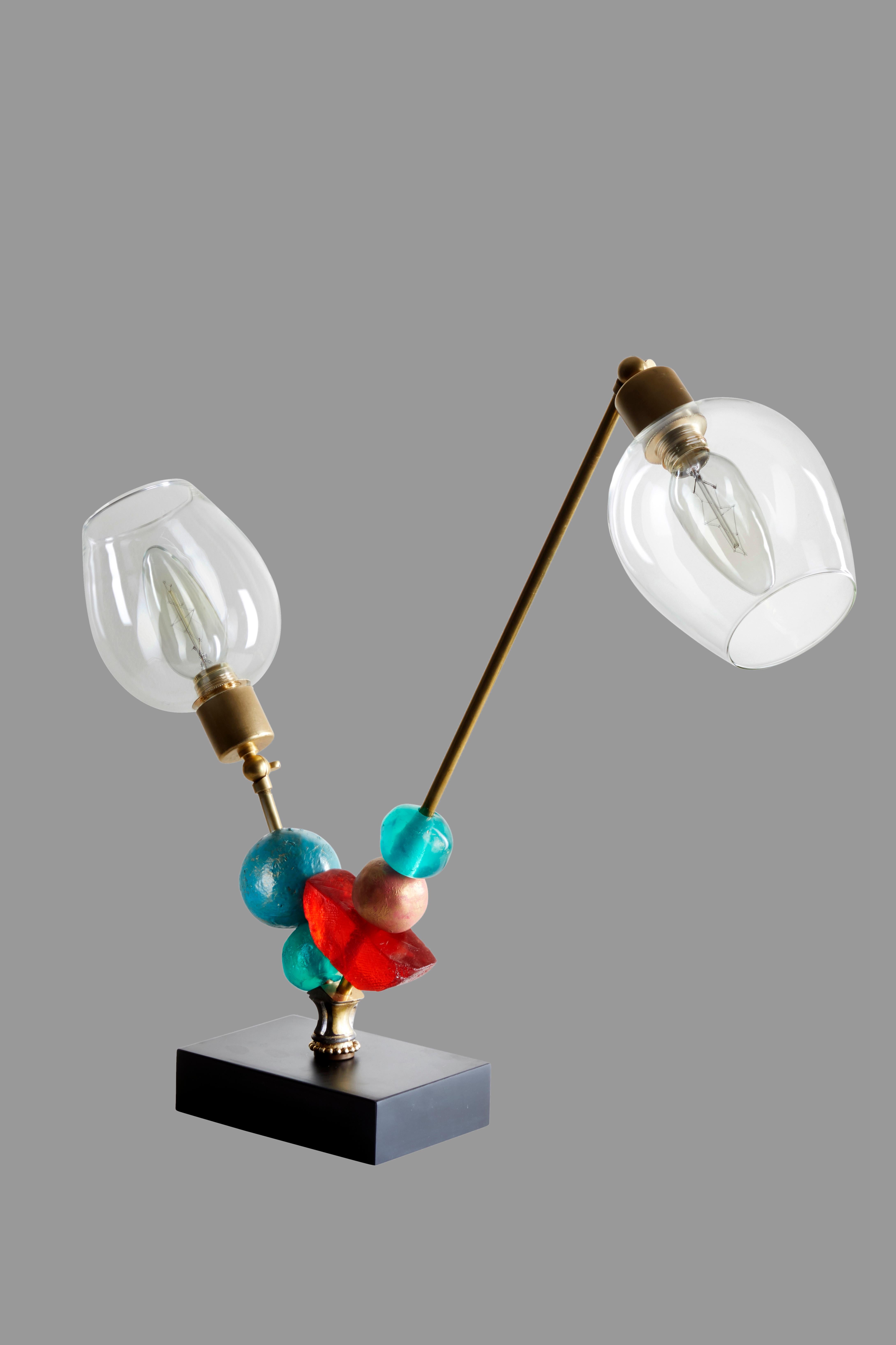 Modern Two-Arm Table Lamp in Brass with Green, Amber and Turquoise by Margit Wittig