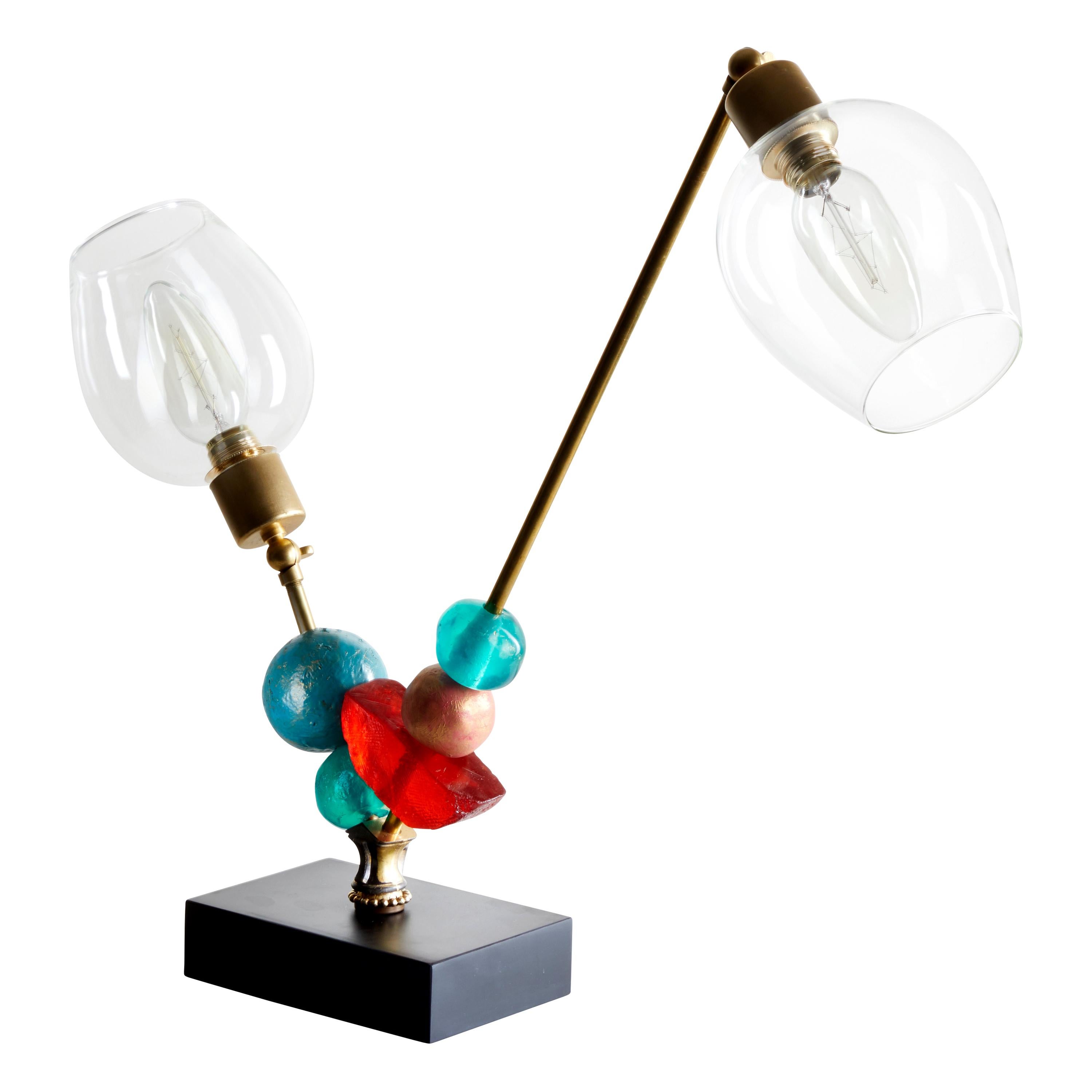 Two-Arm Table Lamp in Brass with Green, Amber and Turquoise by Margit Wittig
