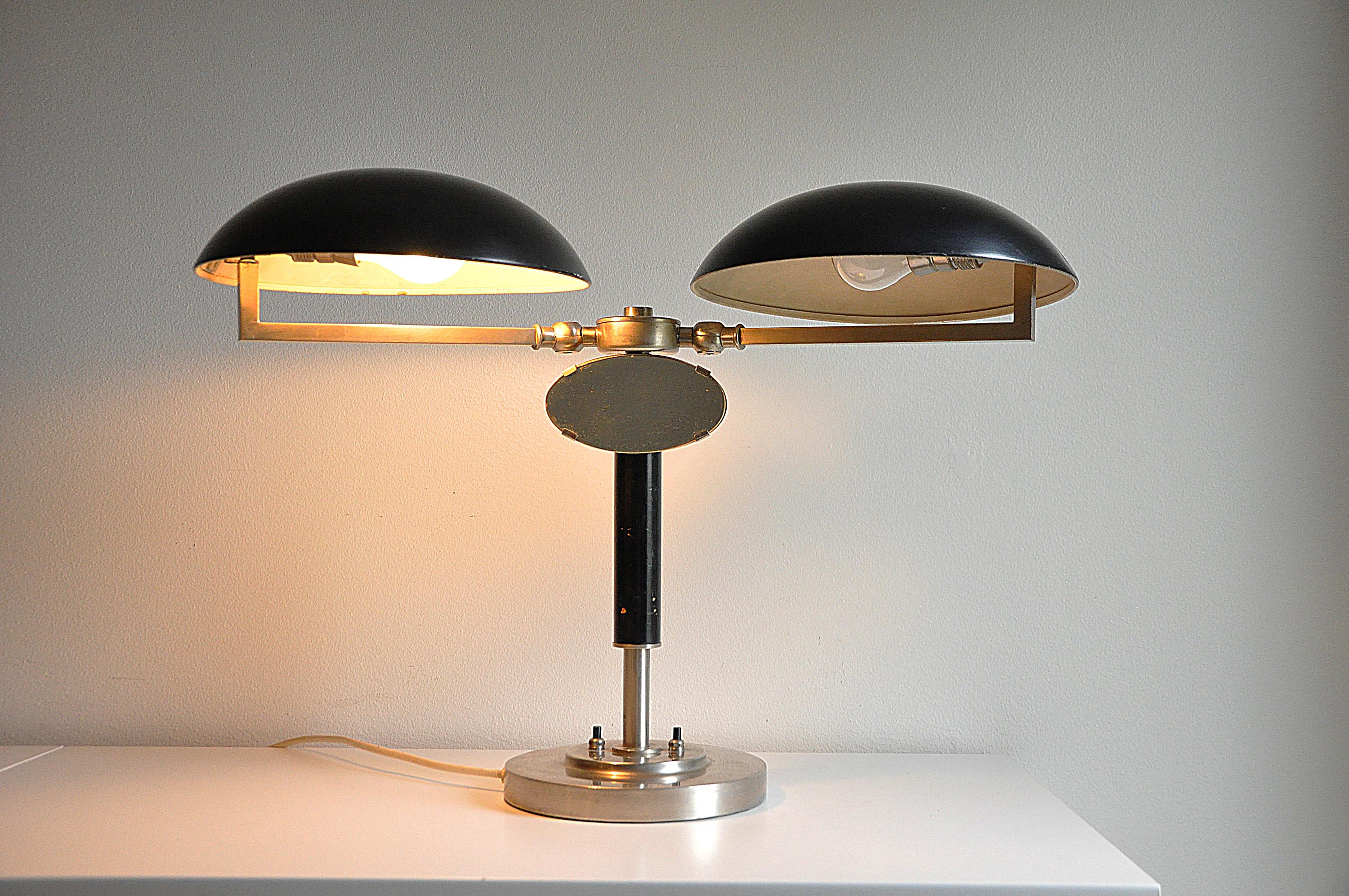 Steel Two-Arm Table Lamp with a Small Mirror, 1930s For Sale