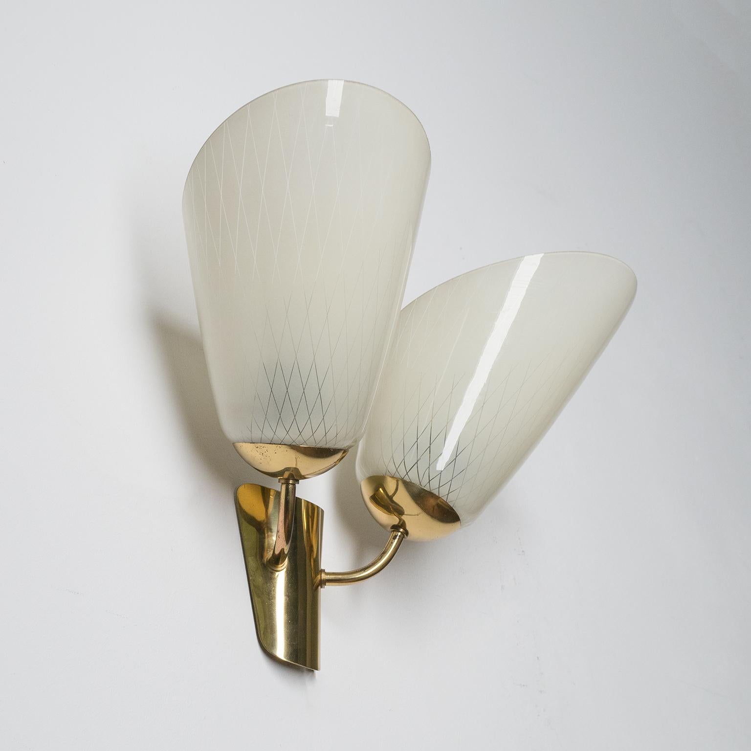 Two-Arm Wall Lamp, 1940s, Enameled Glass and Brass 4