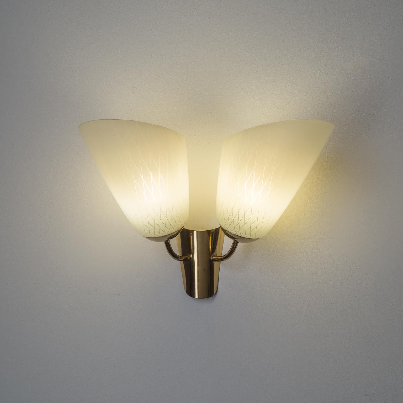 Two-Arm Wall Lamp, 1940s, Enameled Glass and Brass 6