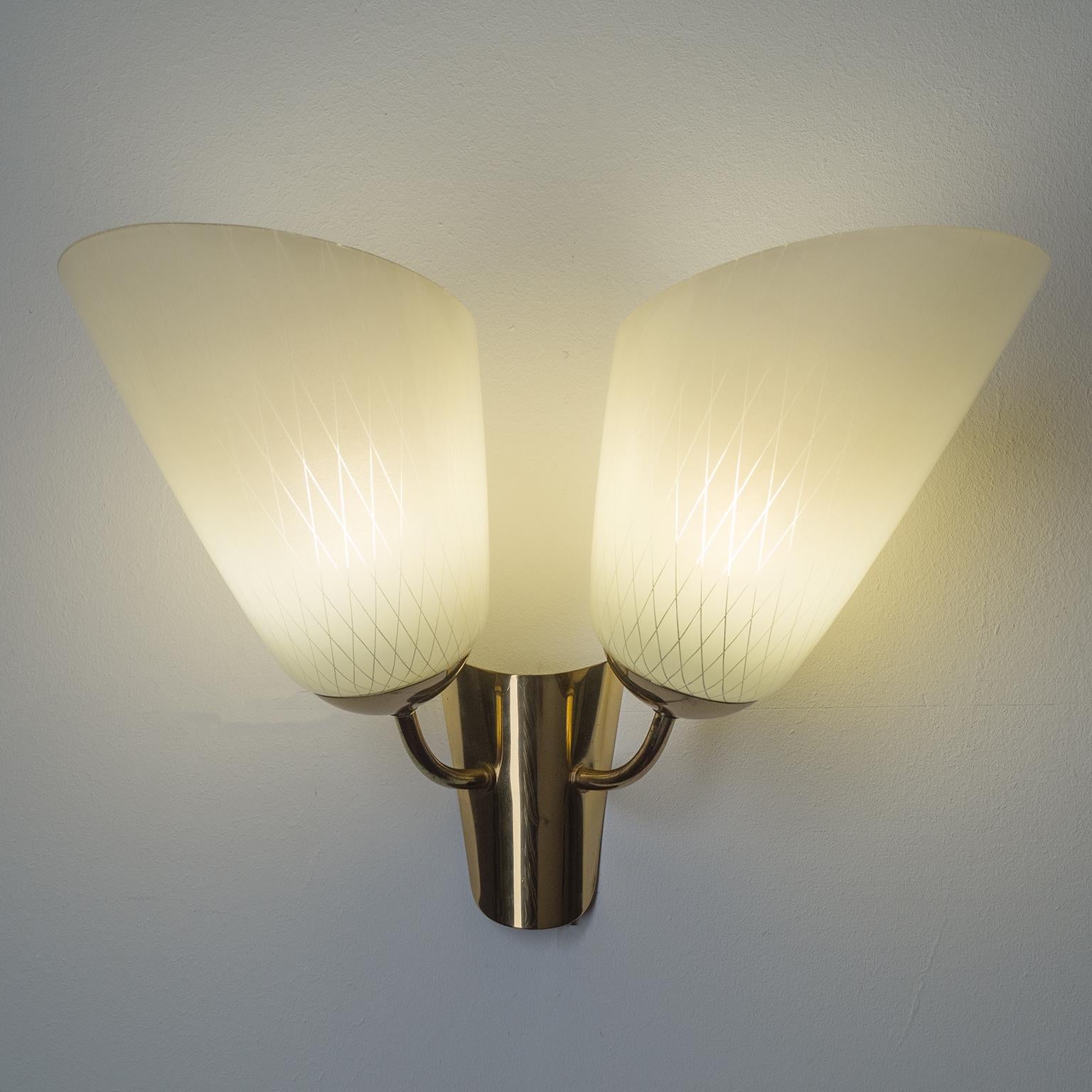 Mid-Century Modern Two-Arm Wall Lamp, 1940s, Enameled Glass and Brass