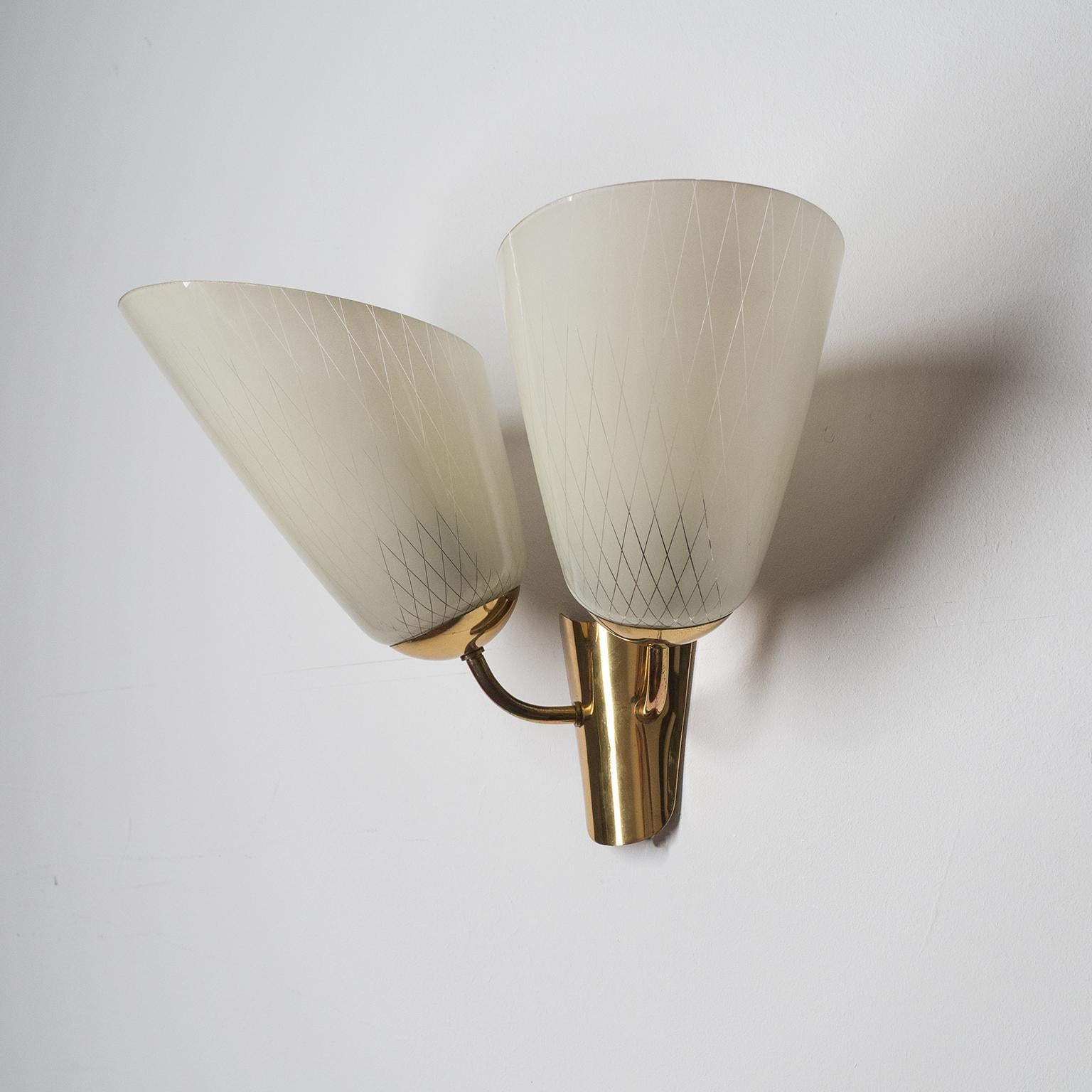 Two-Arm Wall Lamp, 1940s, Enameled Glass and Brass In Good Condition In Vienna, AT